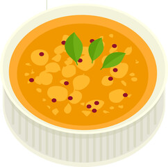 Orange soup with green garnish is being shown in bowl on transparent background isometric style