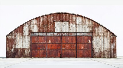 Fototapeta premium Rustic metal barn with weathered red facade and double doors standing on concrete slab