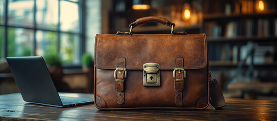 Leather briefcase and laptop on desk in cozy office with bookshelf background