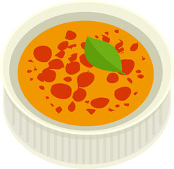 Flat design bowl is showing orange soup topdown over transparency featuring red bits and green leaf