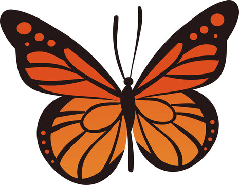 Stylized butterfly is floating on transparent layer showing flat orange and black patterned wings