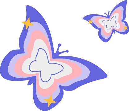 Naklejki Showing vector butterflies with purple-to-white bands and yellow stars on transparent background