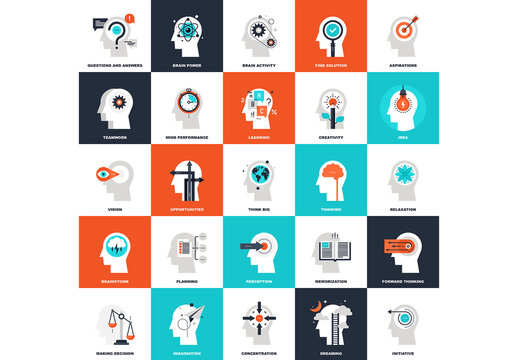 Modern flat vector illustration of thinking and brain process icon design concept.