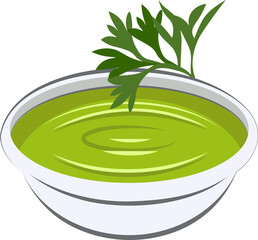 Bowl of green sauce is showing smooth graphic style with parsley sprig on transparent background