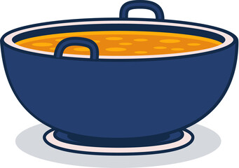 Stylized dark blue pot holding orange soup is sitting on transparent background, flat design