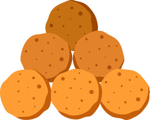 Flat design showing six round biscuits with chocolate spots forming pyramid on transparent backdrop