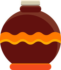 Stylized round ceramic jar is sitting on transparent background, with orange wavy decorative band