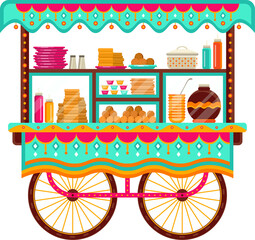 Flat illustration showing vibrant snack cart with canopy wheels glass case, transparent background