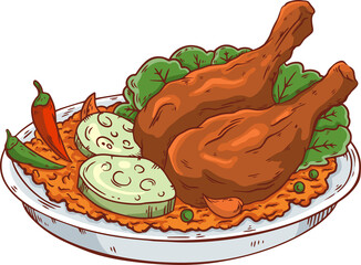 Showing cartoon drumstick rice on oval dish, herb, pea, chili, cucumber, transparent background