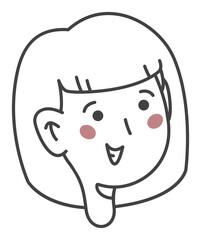 Single female head is showing rosy blushes in minimalistic line sticker on transparent background