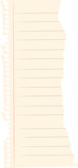 Torn notebook page is floating in flat design with perforations, red margin, transparent background