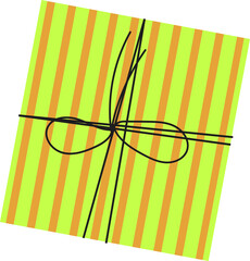 Floating gift lime-orange stripes tying black bow on transparent background flat design, copy space