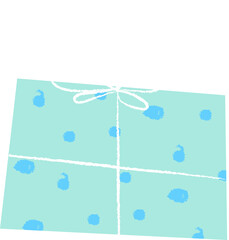 Flat art showing teal gift wrapped in blue polka-dots, white ribbon bow on transparent background