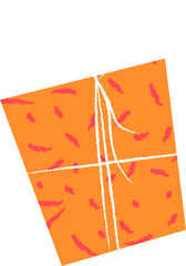 Flat illustration is featuring orange gift box with red strokes and white bow on clear background