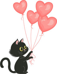 Cartoon black cat is holding four pink heart balloons by red strings, transparent background