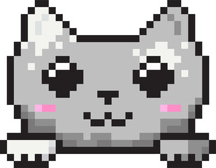 Stylized grey pixel art cat head floating on transparent canvas with pink cheeks, paws, copy space