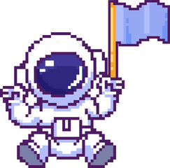 Pixel-art astronaut is kneeling and holding waving light blue flag on transparent background