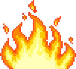 Pixel art flame icon is flickering with yellow core, red orange tongues, transparent background