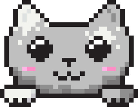 Fototapeta Stylized grey pixel art cat head floating on transparent canvas with pink cheeks, paws, copy space