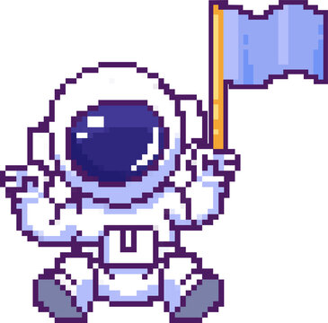 Naklejki Pixel-art astronaut is kneeling and holding waving light blue flag on transparent background