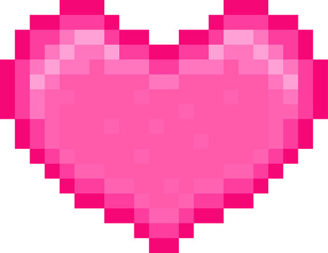 Pixel art heart icon is glowing with vibrant pink gradient on transparent background, copy space