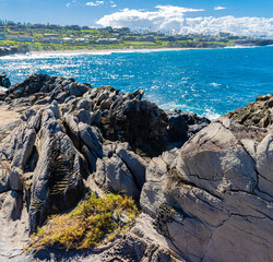 Volcanic Shoreline on  Makaluapuna Point With The Ironwood Cliffs Across Oneloa Bay, Kapalua Coastal Trail, Kapalua, Maui, Hawaii, USA