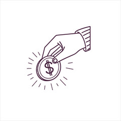 Hand holding a dollar coin with radiating lines on a white background