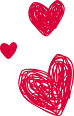 Three red hearts floating on transparent background, showing scribbled overlapping strokes