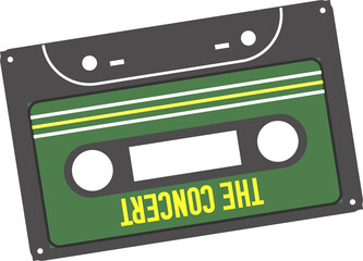 Cassette tape rotating in flat design, green label with yellow stripes, transparent background