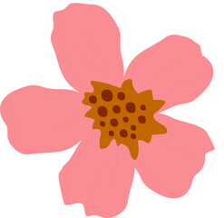 Flat pink wildflower is showing six petals and brown-spotted gold center on transparent background