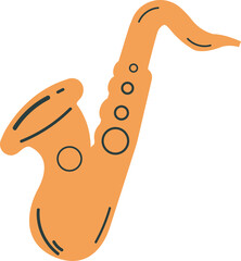 Flat minimalist saxophone is floating on transparent background, showing bell, curved body and keys