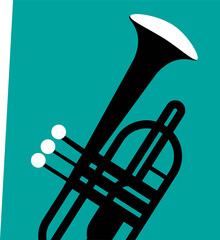 Flat design is showing trumpet silhouette with three valves on transparent canvas with teal stripe
