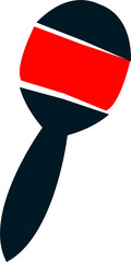 Maraca-like rattle is floating in flat on clear backdrop, showing dark blue head and red band