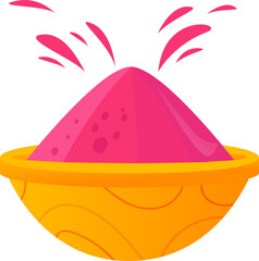 Flat art is showing yellow bowl releasing pink powder bursts on transparent background, copy space