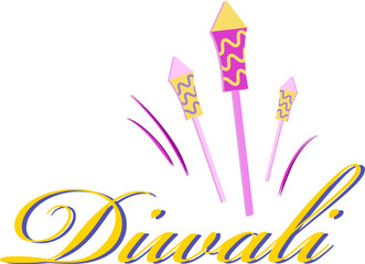 Vector three fireworks rockets are fanning purple lines under Diwali text on transparent background