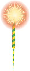 Stylized flat firework rocket showing orange spark burst with striped stick on transparent backdrop