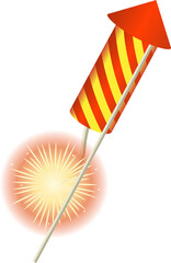 Flat firework rocket is launching diagonally on stick and bursting sparks on transparent background