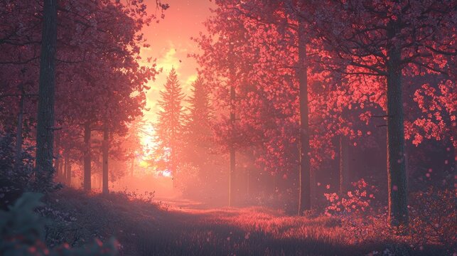 Vibrant sunset illuminates a serene path through cherry blossom trees in a tranquil forest