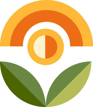 Naklejki Cream and orange sun disk rising above leaves in flat design, floating on transparent backdrop