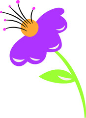Flat purple flower is showing petals, orange disc and green leaf, transparent background copy space