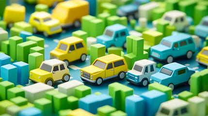 Obraz premium A colorful, playful illustration of miniature cars in a traffic scene, featuring various yellow and blue vehicles surrounded by green blocks.