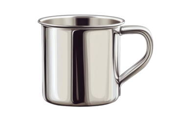 An elegant shiny metal mug reflecting subtle light awaiting its morning brew of hot coffee on on transparent background