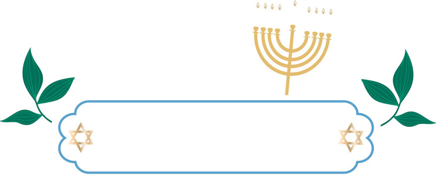 Naklejki Flat label is showing gold menorah, candles, stars and sprigs on transparent background, copy space