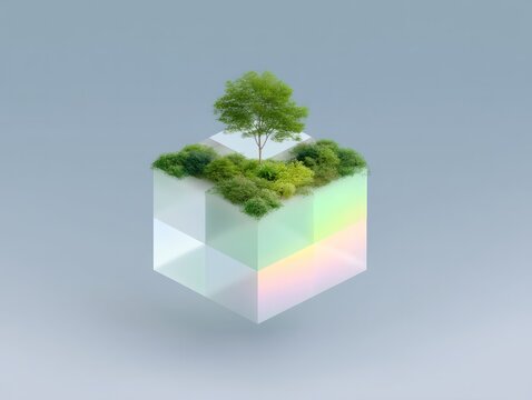 Isometric Glowing Cube with Green Tree and Plants