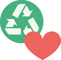 Graphic showing green recycle icon with white arrow loop covering red heart on clear background