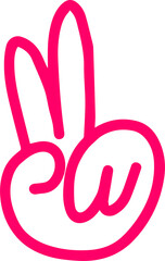 Cartoon hand is forming peace sign in fuchsia line illustration, transparent background