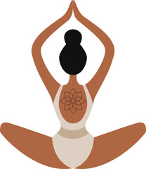 Woman is doing yoga in flat style with geometric flower tattoo, bodysuit on transparent background