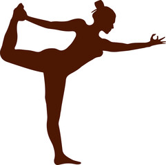 Brown silhouette woman is holding yoga dancer pose in flat design, transparent background