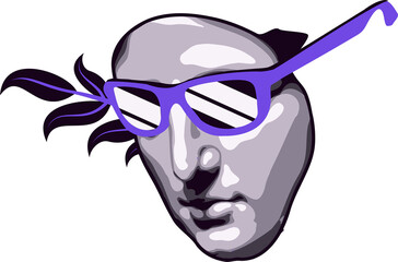 showing gray sculpture head wearing purple shades with purple ribbon on transparent bg, copy space