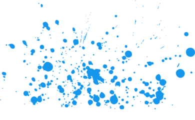 Scattering bright blue droplets and splatters across transparent background, copy space